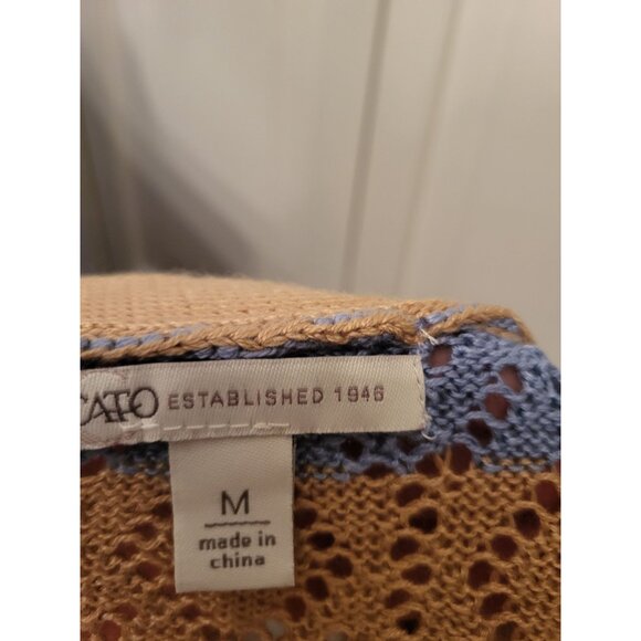 Tan Crochet Stripe Sweater Flutter Sleeves Open Knit sz M Coquette Boho Beach - Picture 7 of 7